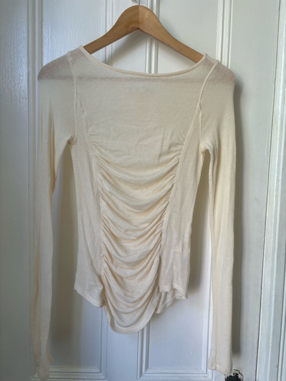 Free People Cream Ruched Long Sleeve Top